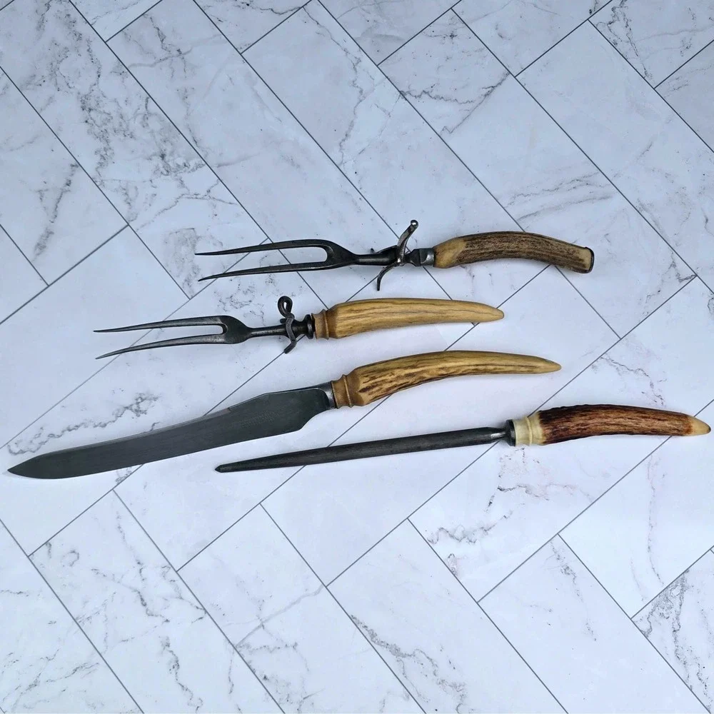 Antique Geo Wostenholm & Sons IXL Sheffield Stag Horn Handle 4pc Carving Set